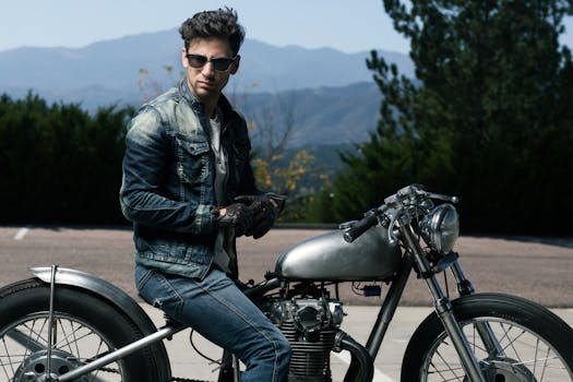 Man on a vintage motorcycle in Colorado Springs with mountains in the background.